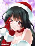  1girl akichin_(atelier_baguri) black_hair breasts choukai_(kancolle) detached_sleeves fur-trimmed_sleeves fur_trim glasses gloves kantai_collection long_hair medium_breasts red_eyes red_gloves red_headwear red_sleeves santa_costume solo upper_body 