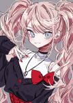  1girl 3j_dangan alternate_costume bangs blue_eyes bow commentary_request danganronpa:_trigger_happy_havoc danganronpa_(series) enoshima_junko grey_background highres jewelry long_hair looking_at_viewer necklace pink_hair red_bow red_nails sketch smile solo twintails v 