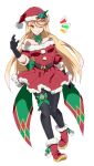  1girl adapted_costume bangs belt blonde_hair boots breasts chest_jewel christmas gloves hat large_breasts long_hair mugimugis mythra_(xenoblade) pantyhose santa_boots santa_costume santa_gloves santa_hat solo swept_bangs very_long_hair xenoblade_chronicles_(series) xenoblade_chronicles_2 yellow_eyes 