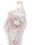  1boy arms_up bangs commentary_request danganronpa_(series) danganronpa_2:_goodbye_despair eyebrows_visible_through_hair green_eyes grey_hair hair_between_eyes highres komaeda_nagito male_focus messy_hair parted_lips shemika98425261 shirt short_sleeves signature simple_background solo stretch t-shirt upper_body white_background white_shirt 