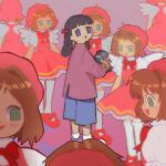  6+girls :d angel_wings ankle_socks arms_at_sides bangs beret black_hair blue_footwear blue_shorts blunt_bangs blush_stickers bow bowtie braid brown_hair camcorder camera cardcaptor_sakura chinese_clothes clone daidouji_tomoyo dot_nose dress empty_eyes facing_away facing_viewer feathered_wings footwear_bow frilled_shirt_collar frilled_sleeves frills from_behind from_side full_body green_eyes hair_bow hair_intakes hair_rings hallucination hands_up hat high_collar highres holding holding_camera jacket kinomoto_sakura light_brown_hair long_hair long_sleeves looking_away looking_back looking_down looking_to_the_side low_twintails mandarin_collar multiple_girls muted_color no_eyebrows no_nose no_pupils open_mouth parted_lips petticoat pinafore_dress pink_dress pink_headwear plastiboo pleated_dress profile puffy_short_sleeves puffy_sleeves purple_background purple_jacket red_bow red_bowtie red_footwear shoes short_dress short_hair short_sleeves shorts sideways_mouth smile socks standing straight-on surreal tangzhuang tareme thigh-highs twin_braids twintails upper_body violet_eyes white_legwear white_wings wings 