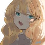  1girl backlighting big_hair blonde_hair blue_eyes grey_sweater highres jitome looking_at_viewer open_mouth original portrait ryusei_hashida signature simple_background solo sweater white_background 