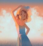  1girl adjusting_clothes adjusting_headwear arm_behind_back arm_up armpits clouds dress hand_on_headwear hat looking_at_viewer original sheya_tin simple_background sky smile solo spaghetti_strap sundress 