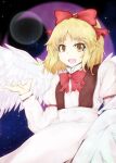  1girl angel angel_wings blonde_hair bow bowtie commentary_request crescent dress eyebrows_visible_through_hair eyelashes feathered_wings gengetsu_(touhou) hair_bow happy juliet_sleeves last_bell long_sleeves looking_at_viewer lotus_land_story open_mouth puffy_sleeves red_bow red_bowtie sash suspenders touhou touhou_(pc-98) white_dress white_sash white_wings wings yellow_eyes 