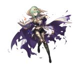  1girl alternate_costume alternate_hair_color bangs breasts byleth_(fire_emblem) byleth_eisner_(female) cape clothing_cutout collar collared_cape enlightened_byleth_(female) fire_emblem fire_emblem:_three_houses fire_emblem_heroes green_eyes green_hair kakage legwear_under_shorts medium_hair navel official_alternate_costume official_art pantyhose shorts simple_background solo stomach_cutout tiara torn_clothes 