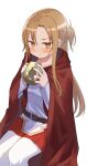  1girl absurdres asuna_(sao) bangs belt blush braid breasts brown_belt brown_eyes brown_hair cape closed_mouth eating food frown grey_background hands_up highres holding hood hooded_cape kei8987 long_hair pantyhose pleated_skirt red_cape red_skirt shiny shiny_hair simple_background skirt solo sword_art_online white_legwear 