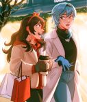  2girls amber_(genshin_impact) bag blue_hair blurry blurry_background brown_eyes brown_hair chalseu coat coffee commentary cowboy_shot denim english_commentary eula_(genshin_impact) genshin_impact gloves happy headband height_difference highres jeans jewelry long_hair looking_at_another mittens multiple_girls necklace open_mouth pale_skin pants shopping_bag talking tied_hair turtleneck winter_clothes winter_coat 