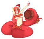  1girl arms_up barrel bell blush breasts christmas cup drunk full_body hair_ornament hairclip hat holding holding_cup holding_with_tail jingle_bell lamia large_breasts long_hair miia_(monster_musume) monster_girl monster_musume_no_iru_nichijou navel nose_blush one_eye_closed open_mouth prehensile_tail red_headwear redhead rtil santa_hat second-party_source simple_background solo tail white_background 
