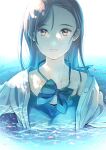  1girl afloat blue_bow blue_theme bow collarbone eyebrows_visible_through_hair furai grey_hair highres long_hair looking_at_viewer original parted_lips partially_submerged petals petals_on_liquid pink_lips reflection solo upper_body violet_eyes water wet wet_hair 