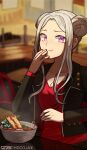  1girl alternate_costume alternate_hairstyle chocojax closed_mouth double_bun eating edelgard_von_hresvelg fire_emblem fire_emblem:_three_houses highres long_hair looking_at_viewer solo udon upper_body violet_eyes white_hair 
