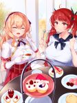 2girls :d :t ^_^ azur_lane blonde_hair breasts cake character_request closed_eyes commission cup fingerless_gloves food fork gloves highres holding holding_cup holding_fork honolulu_(azur_lane) honolulu_(umbrella_girl)_(azur_lane) irohara large_breasts leander_(azur_lane) manjuu_(azur_lane) multiple_girls official_alternate_costume redhead sailor_collar sailor_shirt school_uniform shirt short_sleeves skeb_commission smile teacup twintails upper_body white_gloves white_shirt 