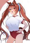 1girl absurdres animal_ears bloomers blush breasts brown_hair daiwa_scarlet_(umamusume) hair_intakes hair_tie hands_on_hips highres horse_ears horse_tail large_breasts long_hair looking_at_viewer open_mouth red_eyes simple_background solo tail tiara twintails umamusume umashio underwear white_background 