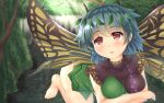  1girl antennae aqua_hair ass bare_legs barefoot blush breasts brown_eyes butterfly_wings dastar_(mwelt1390) dress eternity_larva eyebrows_visible_through_hair fairy green_dress hair_between_eyes large_breasts leaf leaf_on_head multicolored_clothes multicolored_dress open_mouth short_hair short_sleeves single_strap solo touhou tree wings 