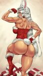  1girl animal_ears ass back boku_no_hero_academia box breasts clenched_hands dark-skinned_female dark_skin fur-trimmed_gloves fur-trimmed_legwear fur_trim gift gift_box gloves hand_on_hip highres large_breasts leg_up long_hair looking_at_viewer looking_back mirko muscular muscular_female playboy_bunny pose profile rabbit_ears rabbit_tail red_gloves red_legwear santa_costume shiny shiny_hair shiny_skin smile socks solo tail teeth thong tuomashart very_long_hair white_hair 