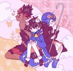  1girl 2boys ash_ketchum bangs blue_eyes blue_hair blush blush_stickers boots bright_pupils brown_hair catsubun_(kkst0904) closed_mouth commentary dark-skinned_male dark_skin flower hair_flower hair_ornament hairband heart holding kiawe_(pokemon) knees_together_feet_apart lana_(pokemon) mouth_hold multicolored_hair multiple_boys no_sclera pokemon pokemon_(anime) pokemon_sm_(anime) red_eyes red_shorts short_hair shorts topless_male two-tone_hair white_pupils yellow_hairband 