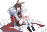  animal_ear_fluff animal_ears arknights black_footwear black_shorts blue_eyes brown_hair brown_vest cape crown fur-trimmed_cape fur_trim highres kneehighs knees_up loafers long_hair long_sleeves looking_at_viewer mini_crown molu_stranger parted_lips ponytail rabbit_ears red_cape shirt shoes short_shorts shorts sitting smile sparkle_background striped striped_vest vertical-striped_vest vertical_stripes vest white_background white_legwear white_shirt 