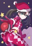  1girl ass asymmetrical_bangs bangs blush christmas closed_mouth cropped_shirt eyelashes gloves green_eyes green_ribbon hair_ribbon hat holding holding_sack ka-9 leaning_forward leggings looking_back marnie_(pokemon) neck_ribbon outstretched_arm poke_ball poke_ball_(basic) pokemon pokemon_(game) pokemon_swsh purple_background reaching_out red_headwear ribbon sack shirt solo split_mouth star_(symbol) twintails 