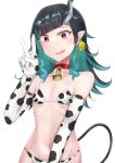  1girl 2021 akagane_mic alternate_costume animal_print bangs bell bikini black_hair blue_hair blush commentary_request cow_print cowbell cowboy_shot demon_girl demon_horns demon_tail ear_tag elbow_gloves fang flat_chest gloves highres horns long_hair looking_at_viewer multicolored_hair navel neck_bell open_mouth pointy_ears print_bikini print_gloves red_eyes shishio_chris simple_background skin_fang smile solo sugar_lyric swimsuit tail two-tone_hair v virtual_youtuber white_background 