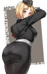  1girl armband ass black_headwear black_jacket black_skirt blonde_hair character_name copyright_name dated from_behind garrison_cap girls_frontline hat highres jacket looking_at_viewer military military_hat military_jacket military_uniform mp40_(girls&#039;_frontline) pencil_skirt red_armband short_hair skirt smile solo toryu_fufu uniform wehrmacht yellow_eyes 