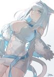  1girl animal_ears bangs bare_shoulders blue_eyes blue_legwear breasts clothing_cutout dobrynya_nikitich_(fate) eyebrows_visible_through_hair fate/grand_order fate_(series) from_below hair_intakes large_breasts long_hair looking_at_viewer looking_down nasakura navel navel_cutout open_mouth smile solo tail thigh-highs thighs white_background white_hair wrist_cuffs 