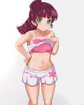  1girl absurdres bangs bare_arms blush breasts brown_hair chloe_(pokemon) closed_mouth collarbone commentary_request eyelashes green_eyes hand_on_hip highres long_hair looking_at_viewer mockingeu navel pokemon pokemon_(anime) pokemon_swsh_(anime) simple_background smile solo swimsuit white_background white_swimsuit 