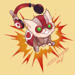  1other 7mb_yut :3 :d artist_name blush bomb brown_shirt chibi explosion goggles hands_up headphones league_of_legends long_sleeves no_humans open_mouth shirt simple_background sitting skull_print smile spread_legs yellow_background yordle ziggs 