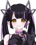  1girl bangs black_hair black_shirt blunt_bangs closed_mouth commentary_request demon_girl demon_horns finger_to_own_chin heart heart_print horns jacket jewelry kino_haruc kojo_anna long_hair long_sleeves looking_at_viewer multicolored_hair off_shoulder pointy_ears print_shirt purple_hair ring shirt simple_background sleeveless sleeveless_shirt smile solo sugar_lyric transparent_background twintails two-tone_hair upper_body virtual_youtuber yellow_eyes 