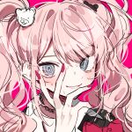  1girl bangs black_choker blonde_hair blue_eyes bow brown_background choker commentary_request crazy_eyes danganronpa:_trigger_happy_havoc danganronpa_(series) enoshima_junko hair_ornament hand_up long_hair messy_hair patzzi pink_background portrait red_bow sketch smile solo sweat twintails v_over_eye 