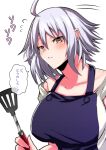  absurdres ahoge apron bangs blush breasts commentary_request eyebrows_visible_through_hair fate/grand_order fate_(series) glglpanda hair_between_eyes highres jeanne_d&#039;arc_(alter)_(fate) jeanne_d&#039;arc_(fate) large_breasts looking_at_viewer open_mouth shirt short_hair silver_hair spatula t-shirt translation_request white_background 