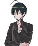  1boy absurdres ahoge bangs black_hair buttons danganronpa_(series) danganronpa_v3:_killing_harmony double-breasted grey_background hair_between_eyes hand_up highres jacket leonham_(ila_55555) long_sleeves male_focus open_mouth saihara_shuuichi short_hair simple_background solo striped striped_jacket thinking upper_body 