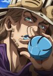  1boy absurdres araki_hirohiko_(style) ball blue_lips clenched_teeth cowboy_hat goggles goggles_on_headwear grandguerrilla green_eyes gyro_zeppeli hat highres holding holding_ball jojo_no_kimyou_na_bouken lipstick looking_at_viewer makeup male_focus official_style portrait solo steel_ball_run teeth 