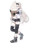  1girl animal_ears ankle_boots arknights aurora_(arknights) bangs bear_ears belt belt_pouch black_hairband black_shorts blush boots breasts clawed_boots closed_eyes closed_mouth eyebrows_visible_through_hair food food_on_face grey_footwear hairband highres holding holding_food ice_cream knee_boots large_breasts long_hair long_sleeves navel photo-referenced pouch short_shorts shorts shrug_(clothing) silver_hair simple_background skindentation smile soft_serve solo sports_bra stomach straight_hair thigh_strap tsume3mai very_long_hair white_background 