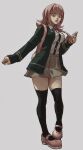  1girl backpack bag bangs black_jacket black_legwear black_shirt breasts brown_eyes brown_skirt collared_shirt danganronpa_(series) danganronpa_2:_goodbye_despair dress_shirt eyebrows_visible_through_hair flipped_hair full_body grey_background hair_ornament hand_up highres hvmbrgrr jacket large_breasts looking_at_viewer medium_hair miniskirt nanami_chiaki neck_ribbon open_clothes open_jacket pink_bag pink_eyes pink_footwear pink_ribbon pleated_skirt ribbon shirt shirt_tucked_in simple_background skirt sleeves_past_wrists smile solo standing standing_on_one_leg symbol-only_commentary thigh-highs two-tone_shirt white_shirt zettai_ryouiki 