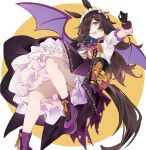  1girl :d absurdres animal_ears bangs black_gloves boots border bow bowtie brown_hair demon_wings dress eyepatch frills gloves halloween highres horse_ears horse_girl horse_tail kirschma long_hair looking_at_viewer make_up_in_halloween!_(umamusume) open_mouth purple_bow purple_bowtie purple_footwear rice_shower_(umamusume) short_sleeves simple_background smile solo tail umamusume violet_eyes white_border wings yellow_background 