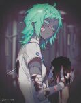  1girl bandaged_arm bandaged_hand bandaged_neck bandages blood blood_on_bandages blood_on_hands blurry blurry_background cable chromatic_aberration colored_skin disembodied_limb dripping green_eyes green_hair grey_skin highres holding id_card lanyard light_oooo long_hair ofuda original parted_lips solo stab stitches talisman tube zombie 