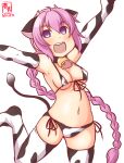  1girl alternate_costume animal_ears animal_print artist_logo bell bikini braid breasts covered_nipples cow_ears cow_girl cow_horns cow_print cow_tail cowbell dated elbow_gloves gloves horns kanon_(kurogane_knights) kantai_collection large_breasts long_hair navel neck_bell nenohi_(kancolle) one-hour_drawing_challenge open_mouth pink_hair print_bikini print_gloves print_legwear simple_background single_braid smile solo swimsuit tail thigh-highs violet_eyes white_background 