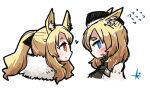  2girls animal_ear_fluff animal_ears arknights bangs black_headwear black_shirt blemishine_(arknights) blonde_hair blue_eyes blush brown_eyes closed_mouth commentary_request cropped_torso dog-san fang flying_sweatdrops from_side fur_trim garrison_cap hat heart horse_ears jacket long_hair looking_at_another looking_away looking_back multiple_girls open_mouth ponytail profile shirt short_eyebrows simple_background thick_eyebrows upper_body whislash_(arknights) white_background white_jacket 