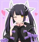  1girl bangs black_hair black_shirt blunt_bangs blush closed_mouth commentary_request crop_top cross-laced_sleeves demon_girl demon_horns eyebrows_visible_through_hair heart heart_print highres horns jacket jewelry kino_haruc kojo_anna long_hair long_sleeves looking_at_viewer multicolored_hair one_eye_closed pointy_ears purple_background purple_hair ring russian_text shirt sleeveless sleeveless_shirt smile solo sugar_lyric tongue tongue_out twintails two-tone_hair upper_body virtual_youtuber yellow_eyes 