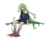  1other ambiguous_gender closed_mouth collarbone green_eyes green_hair grey_eyes hair_between_eyes hetero highres light_oooo long_hair monster_girl no_panties original plant plant_girl plant_hair simple_background single_bare_shoulder smile solo very_long_hair white_background 