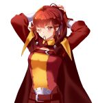  1girl anna_(fire_emblem) arcelle arms_behind_head bangs belt belt_buckle blush buckle cape closed_mouth clothing_cutout eyebrows_visible_through_hair fingerless_gloves fire_emblem fire_emblem_awakening gloves hair_between_eyes hair_tie hair_tie_in_mouth highres long_hair long_sleeves looking_at_viewer mixed-language_commentary mouth_hold one_eye_closed ponytail popped_collar red_belt red_cape red_eyes red_gloves red_shirt redhead shirt simple_background smile solo tying_hair upper_body white_background 