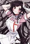  1girl 3j_dangan apron arms_up bandaged_arm bandages bangs black_hair blush collared_shirt danganronpa_(series) danganronpa_2:_goodbye_despair grey_background hands_on_own_head highres long_hair looking_at_viewer messy_hair mole mole_under_eye open_mouth pink_shirt puffy_short_sleeves puffy_sleeves shirt short_sleeves simple_background skirt solo tears teeth tsumiki_mikan very_long_hair white_apron 