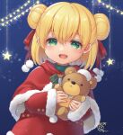  1girl artist_name bangs blonde_hair capelet christmas christmas_lights commentary_request dated double_bun dress eyebrows_visible_through_hair fur-trimmed_capelet fur-trimmed_dress fur_trim green_eyes green_shorts hair_ribbon hat highres holding holding_stuffed_toy long_sleeves looking_at_viewer open_mouth original pucho red_capelet red_dress red_ribbon ribbon santa_dress santa_hat short_hair shorts signature smile solo sparkle standing star_(symbol) stuffed_animal stuffed_toy teddy_bear turtleneck 