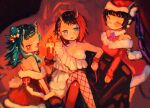  3girls alternate_costume bangs black_hair blue_eyes blue_hair blush breasts candle chain closed_mouth commentary_request crossed_legs demon_girl demon_horns demon_tail dress ear_chain ear_piercing feet_out_of_frame fishnet_legwear fishnets hat highres holding holding_candle horns kojo_anna large_breasts long_hair long_sleeves looking_at_viewer multicolored_hair multiple_girls off-shoulder_dress off_shoulder one_eye_closed piercing pointy_ears purple_hair red_dress red_eyes redhead ryugasaki_rene santa_costume santa_hat shio_midori shishio_chris short_hair smile sugar_lyric tail tongue tongue_out twintails two-tone_hair virtual_youtuber 