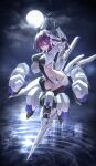  1girl absurdres alice_gear_aegis arms_up bangs breasts building closed_mouth clouds cloudy_sky eyebrows_visible_through_hair highres itaco large_breasts long_hair looking_at_viewer mecha_musume moon nikotama_mai purple_hair ripples sky solo violet_eyes 