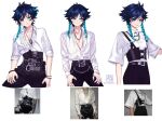  1boy absurdres alternate_costume annidrw bangs black_hair black_pants blue_eyes blue_hair braid commentary genshin_impact gradient_hair highres jewelry male_focus multicolored_hair multiple_views necklace open_clothes open_shirt pants ring shirt short_hair_with_long_locks side_braids smile symbol-only_commentary twin_braids venti_(genshin_impact) white_shirt 