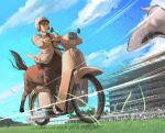  2boys bangs blue_sky brown_eyes brown_hair centaur character_request closed_mouth clouds collared_shirt commentary_request copyright_request crowd day dress_shirt formal full_body grass ground_vehicle hair_between_eyes helmet honda horse_head horse_racing horse_racing_track horse_tail indoors jacket long_sleeves male_focus monster_boy motor_vehicle motorcycle motorcycle_helmet multiple_boys multiple_legs racing shadow shimekiri_(yamada4vt) shirt sidelocks sitting sky suit tail taur vehicle_request white_footwear white_jacket white_shirt 