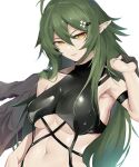 1girl absurdres antenna_hair arknights arm_strap bangs bare_shoulders bikini black_bikini black_choker breasts choker closed_mouth commentary_request gavial_(arknights) green_hair hair_between_eyes highres holding holding_clothes holding_shirt lips long_hair looking_at_viewer medium_breasts navel pointy_ears shirt shirt_removed simple_background sirius_enjoliao slit_pupils solo stomach swimsuit upper_body white_background yellow_eyes 