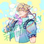  1boy battle_tendency blonde_hair blue_eyes blue_jacket caesar_anthonio_zeppeli cropped_torso facial_mark fingerless_gloves flower gloves hair_between_eyes hand_up headband holding holding_flower jacket jojo_no_kimyou_na_bouken looking_at_viewer male_focus nadph open_clothes open_jacket pink_flower pink_rose pink_scarf rose scarf shirt short_hair short_sleeves solo upper_body white_shirt yellow_background 