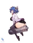  1girl aqua_eyes ass blue_hair boots breasts hair_ornament hairclip high_heel_boots high_heels jacket last_origin open_mouth panties sand_girl_(last_origin) short_hair simple_background sitting solo thigh-highs thigh_boots toriseru_(thesuperhero) underwear white_background white_jacket 