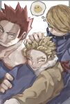  arm_hug barururunru best_jeanist blonde_hair blue_eyes boku_no_hero_academia endeavor_(boku_no_hero_academia) eyeliner facial_hair hawks_(boku_no_hero_academia) highres looking_at_another makeup muscular muscular_male red_wings redhead ruffling_hair scar scar_across_eye scar_on_face short_hair spiky_hair stubble wings 